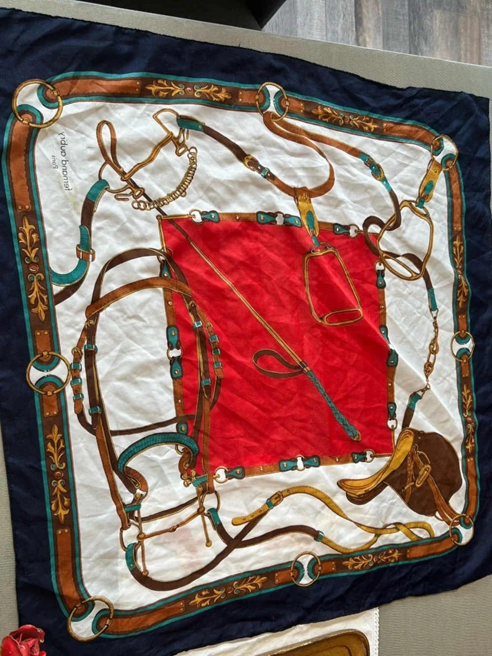 Vintage Fernand Aubry Equestrian Silk Scarf has stains wear old school money